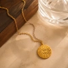 Retro golden sun face relief round plate collarbone chain, thin flat oval gold chain, matte aged stainless steel jewelry, European retro style, daily lay-up, niche atmosphere necklace Specification image